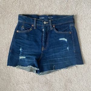 Dark wash jean shorts, button up